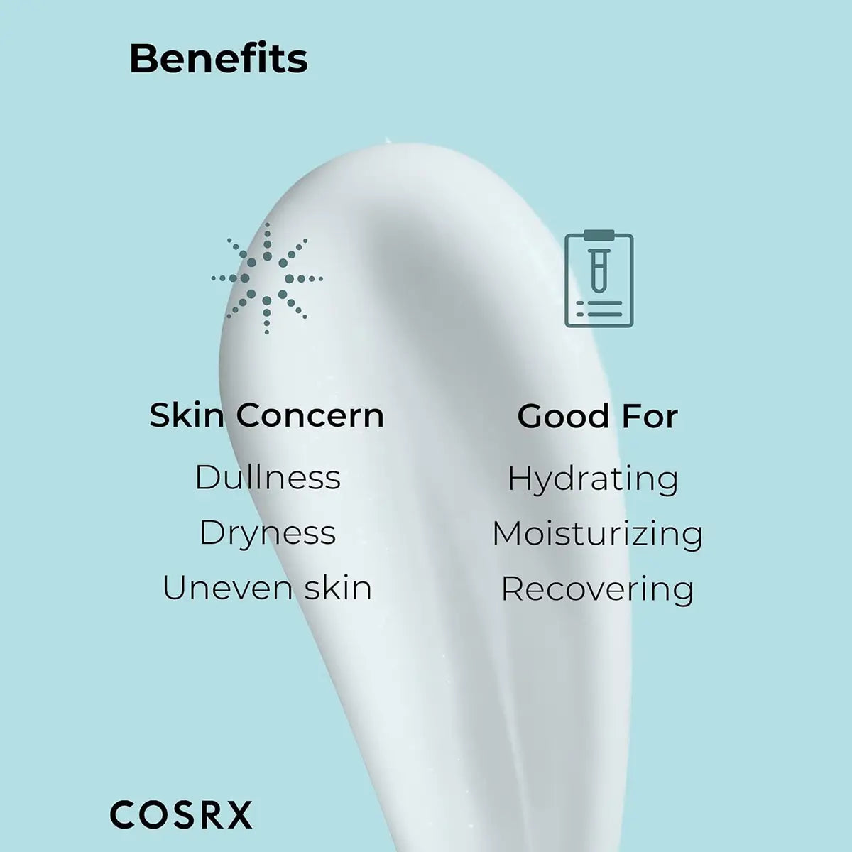 Cosrx product with benefits listed on a light blue background