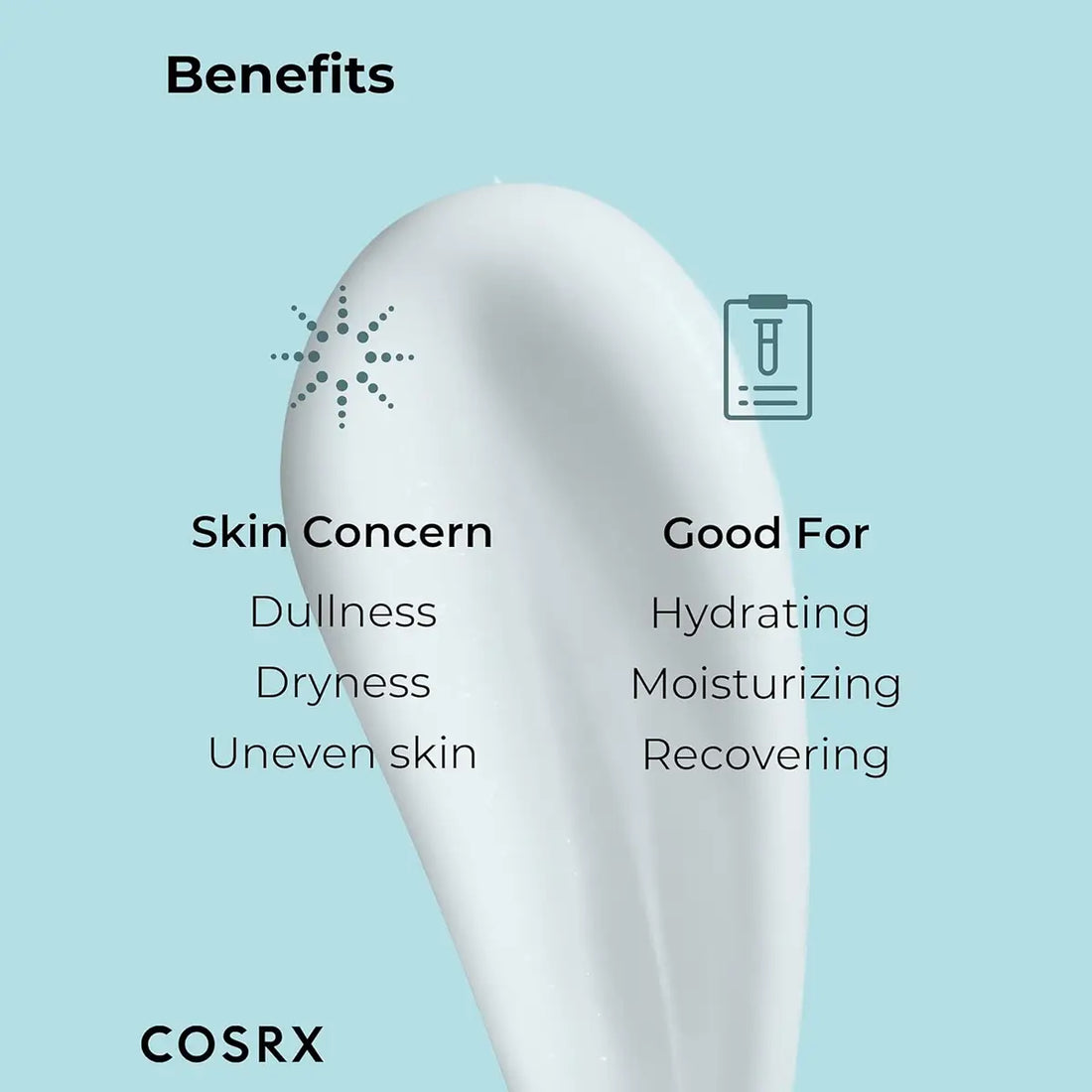 Cosrx product with benefits listed on a light blue background