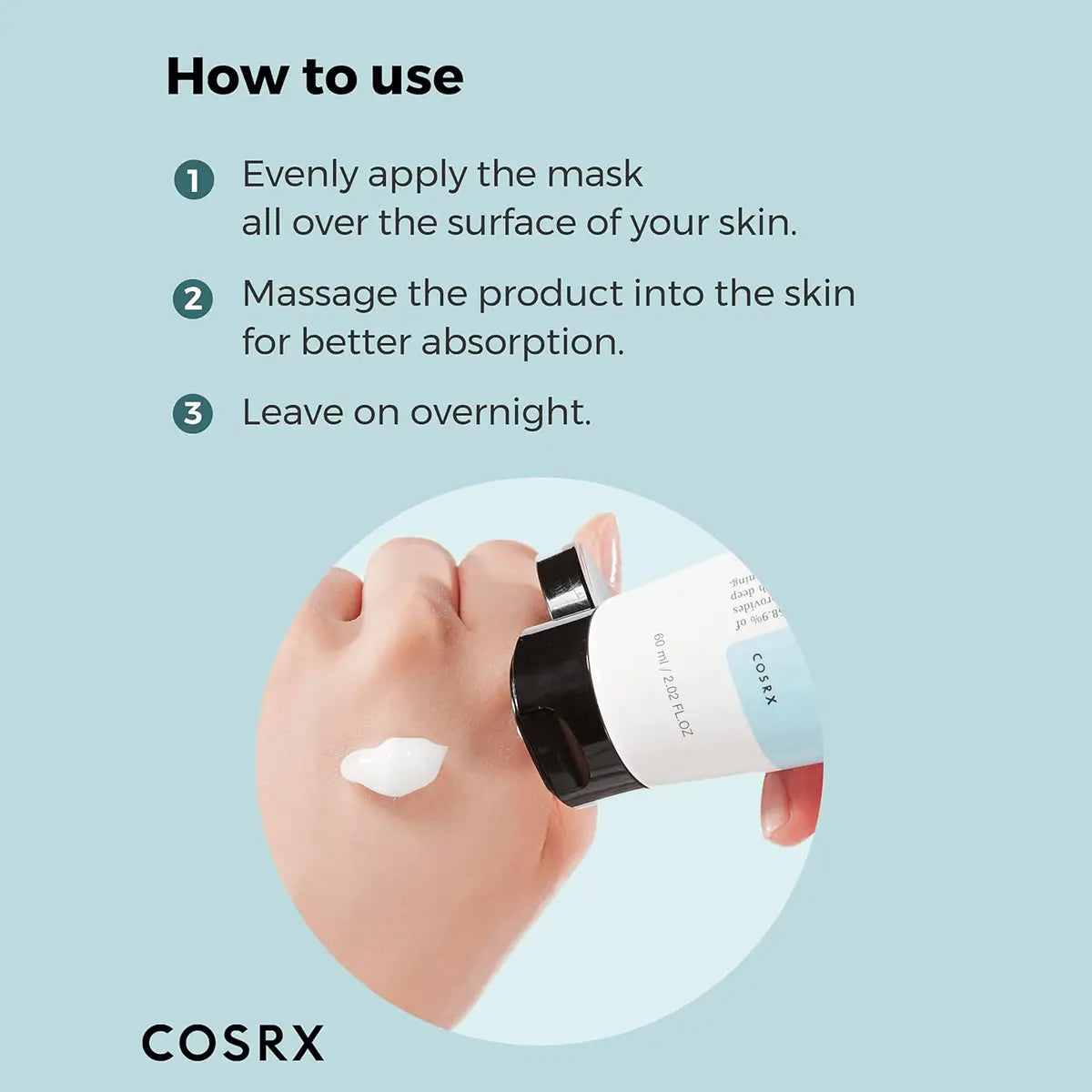 Cosrx mask application instructions with a hand holding a mask and applying it to skin.