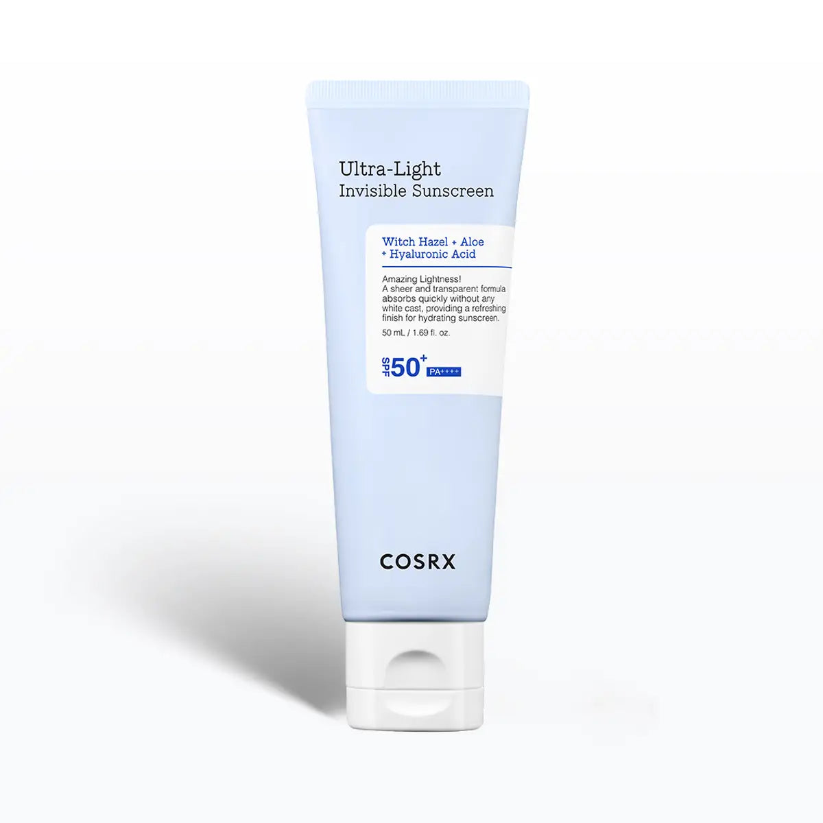 Cosrx ultra-light invisible sunscreen tube on a white background