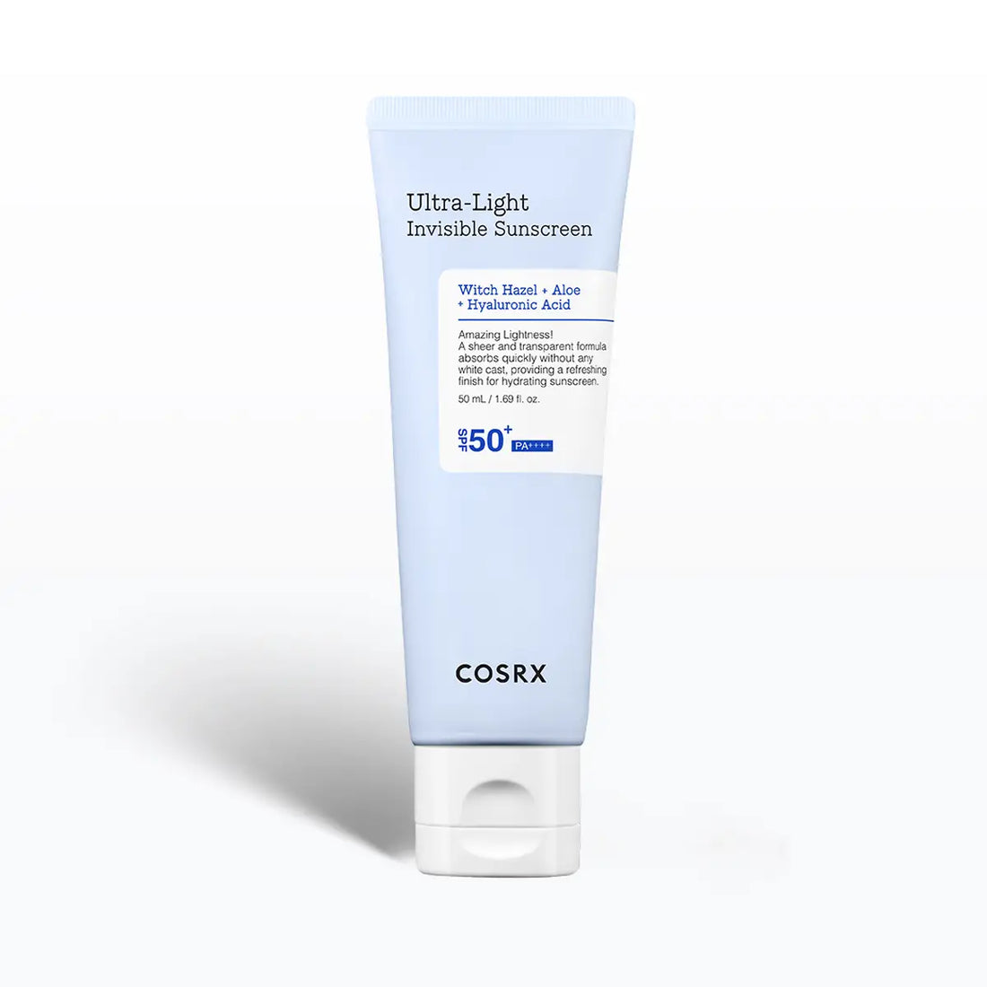 Cosrx ultra-light invisible sunscreen tube on a white background