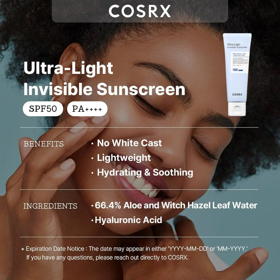 COSRX Ultra-Light Invisible Sunscreen advertisement with a woman applying sunscreen.
