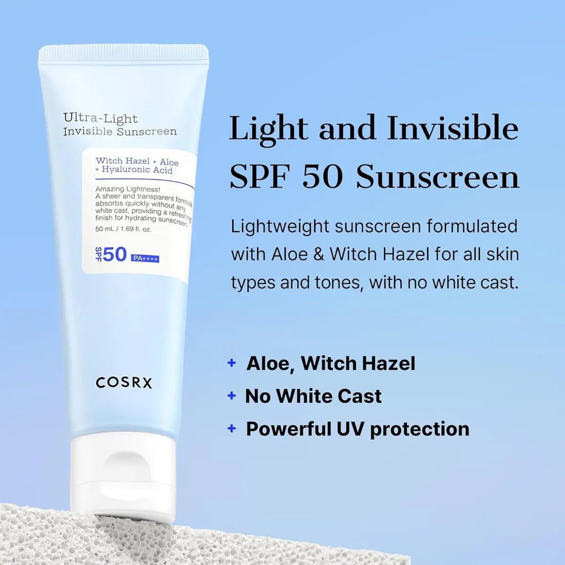 COSRX Ultra-Light Invisible Sunscreen SPF 50 on a light blue background
