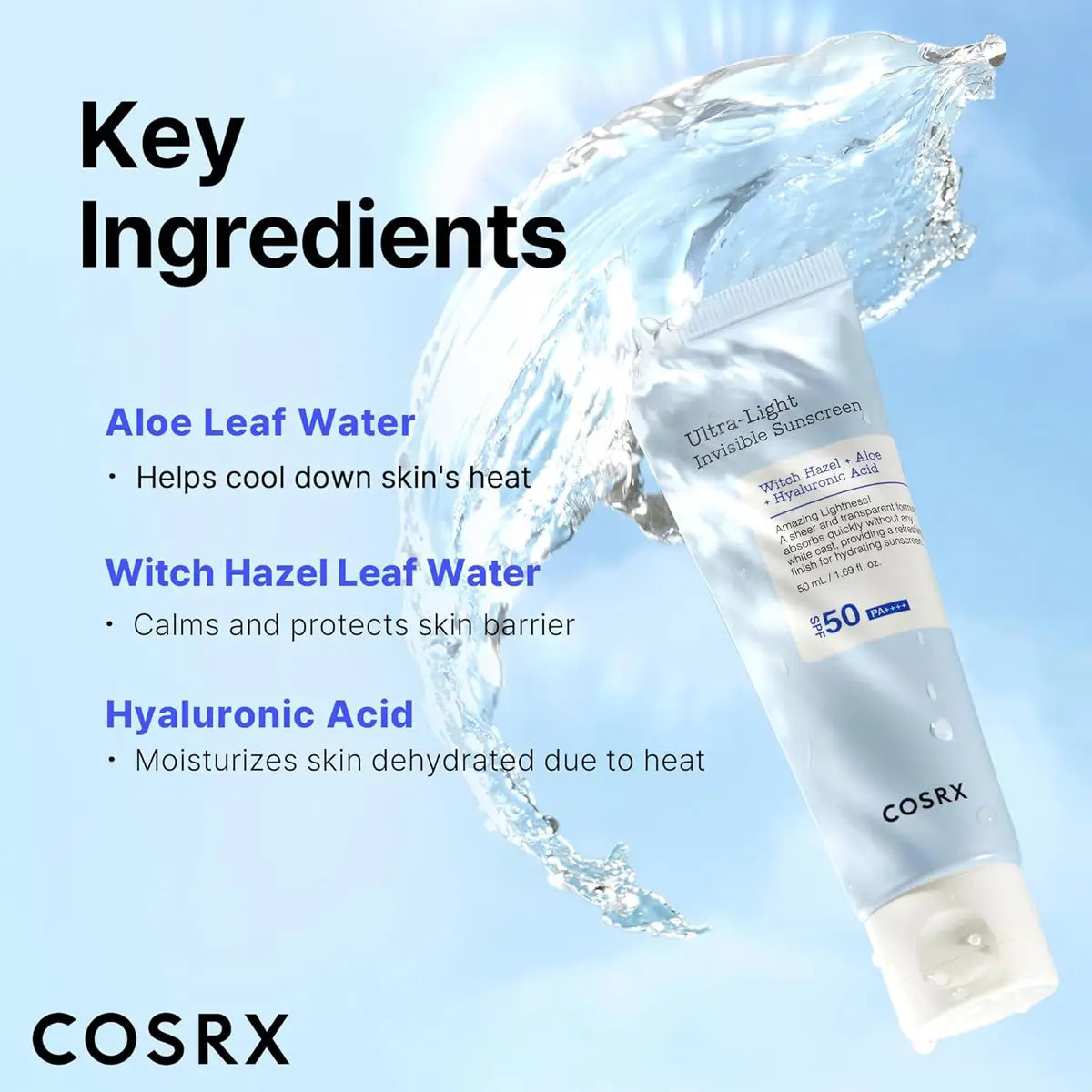 Cosrx sunscreen tube with key ingredients listed on a blue background