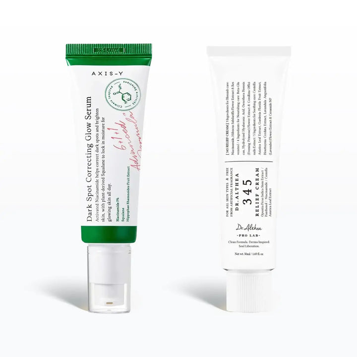 Axis-Y dark spot correcting glow serum with Dr. Althea 345 relief cream on a white background