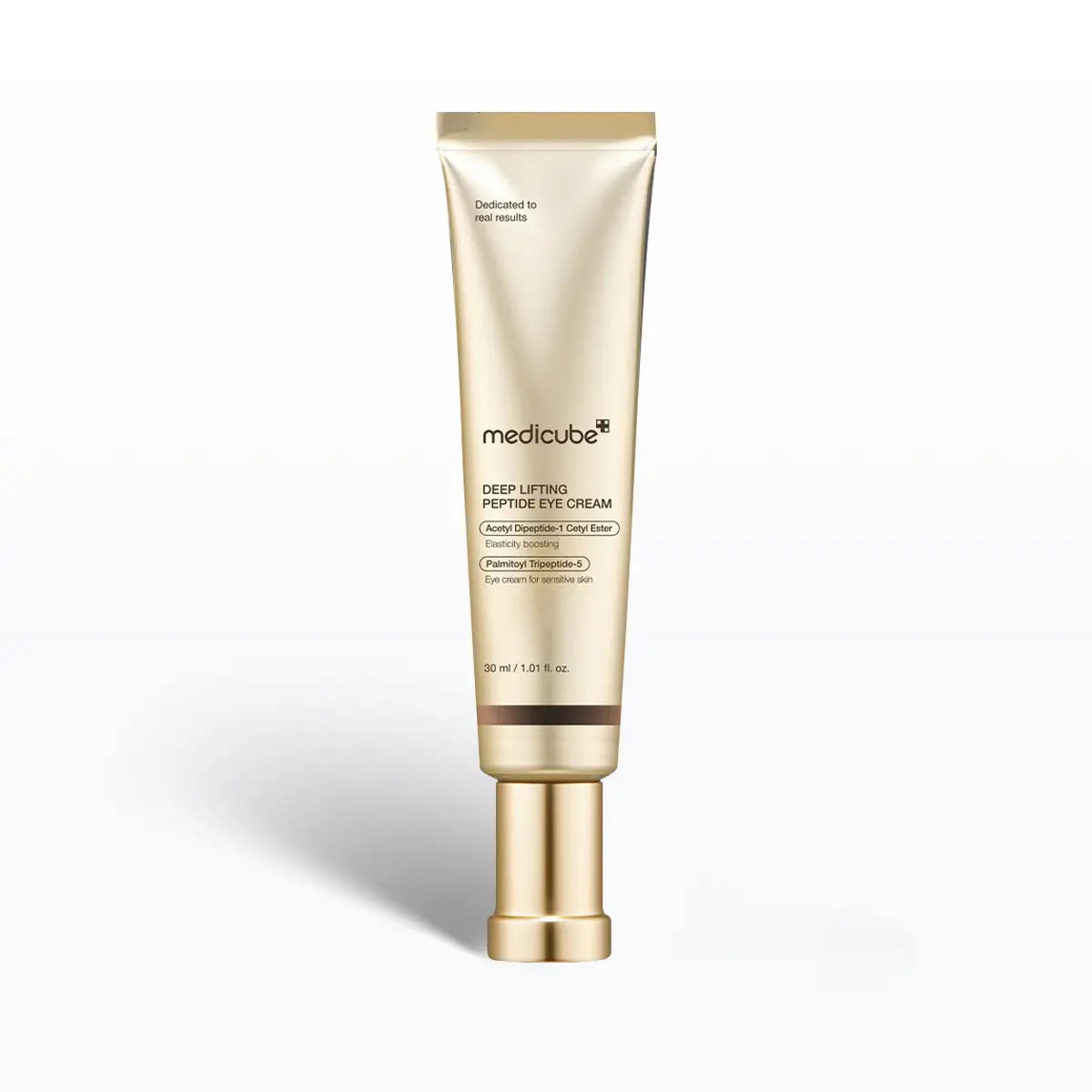 Medicube deep lifting peptide eye cream tube on a white background
