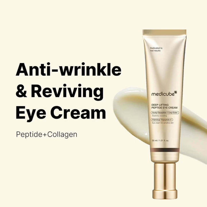Medicube Deep Lifting Peptide Eye Cream on a beige background with text about anti-wrinkle and reviving properties.