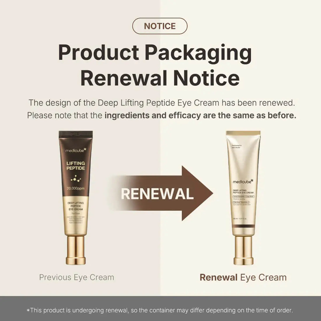 Notice of product packaging renewal for Deep Lifting Peptide Eye Cream with two eye cream bottles shown.