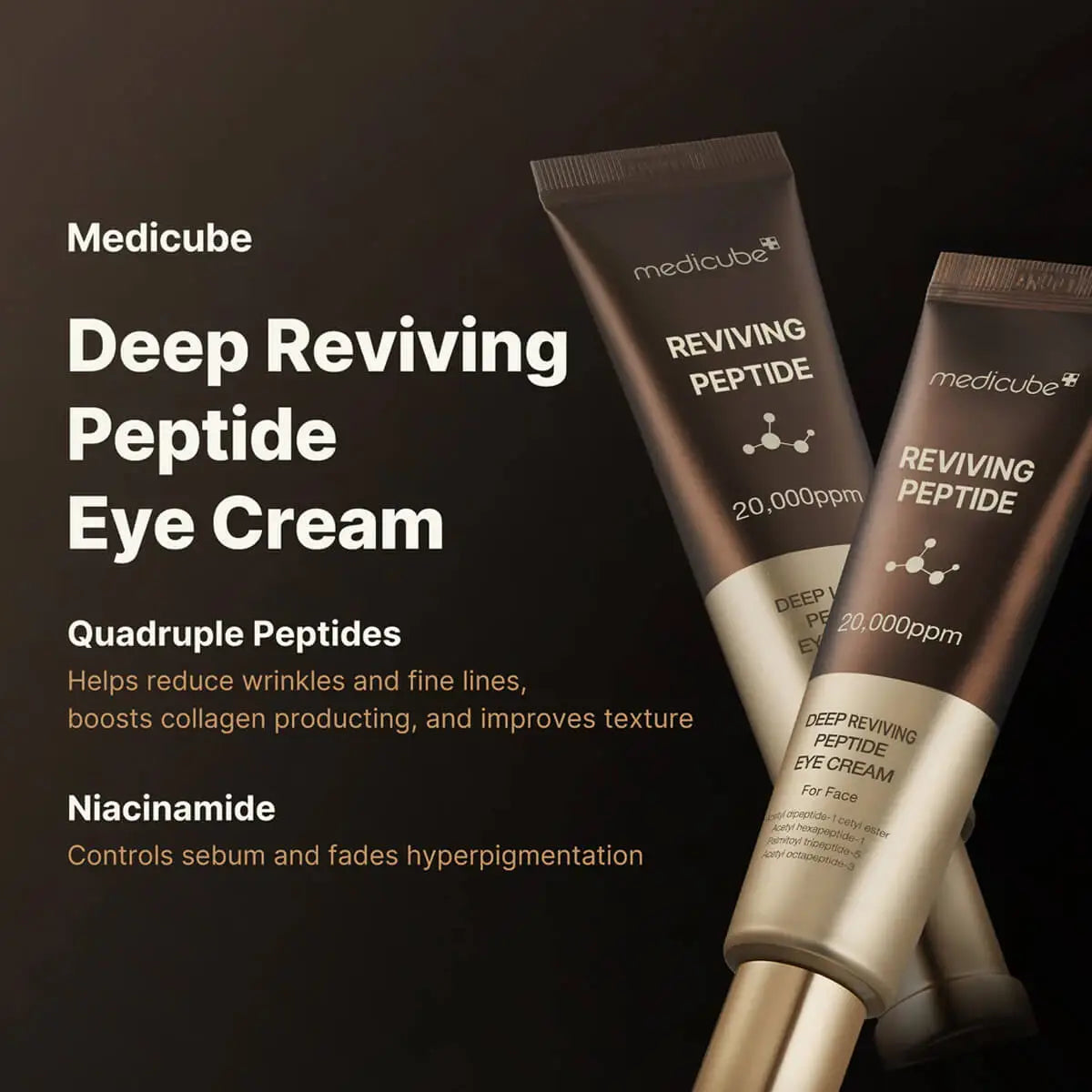 Two tubes of Medicube Deep Reviving Peptide Eye Cream on a dark background with product details.