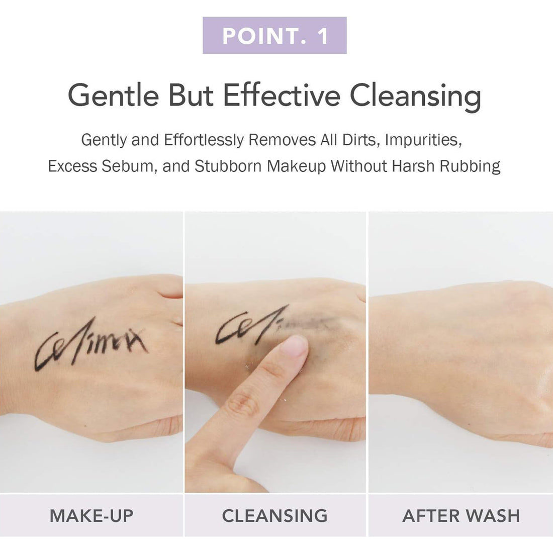 Before and after cleansing process with visible makeup removal on skin.