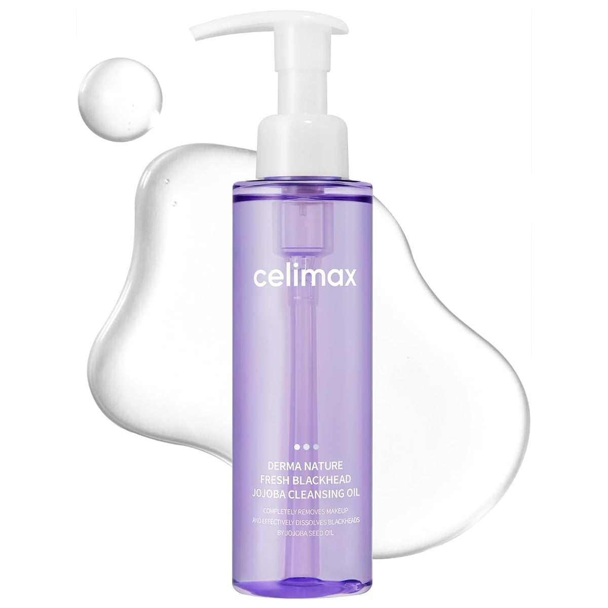 Purple bottle of Cellimax cleansing oil with a pump on a white background