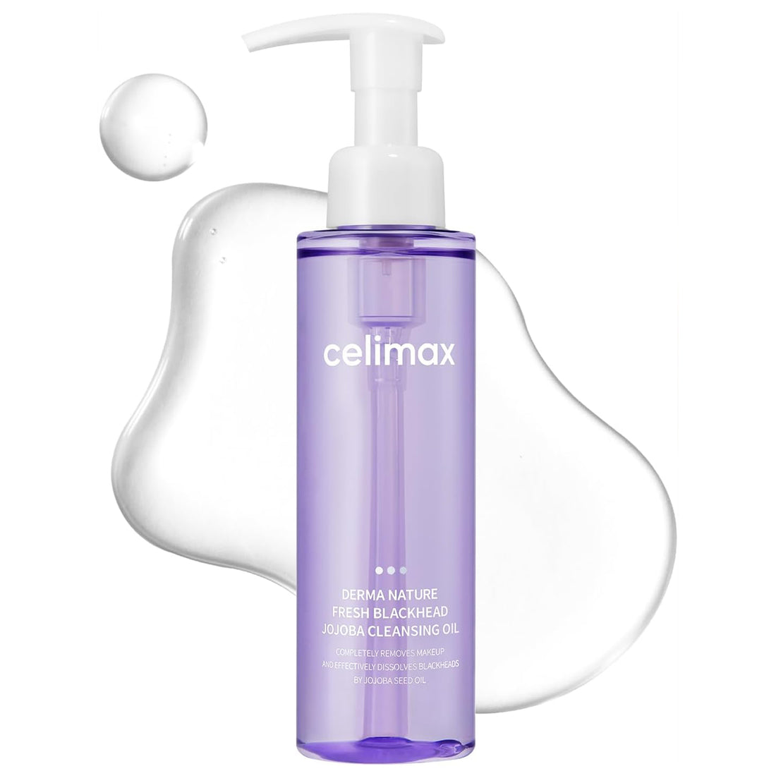 Purple bottle of Cellimax cleansing oil with a pump on a white background