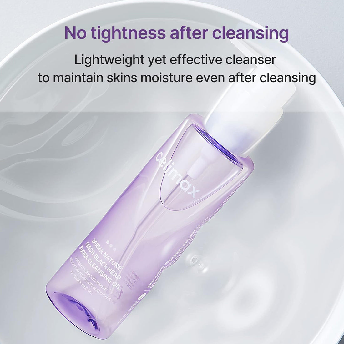 Purple bottle of cleanser with text about its effectiveness on a light gray background