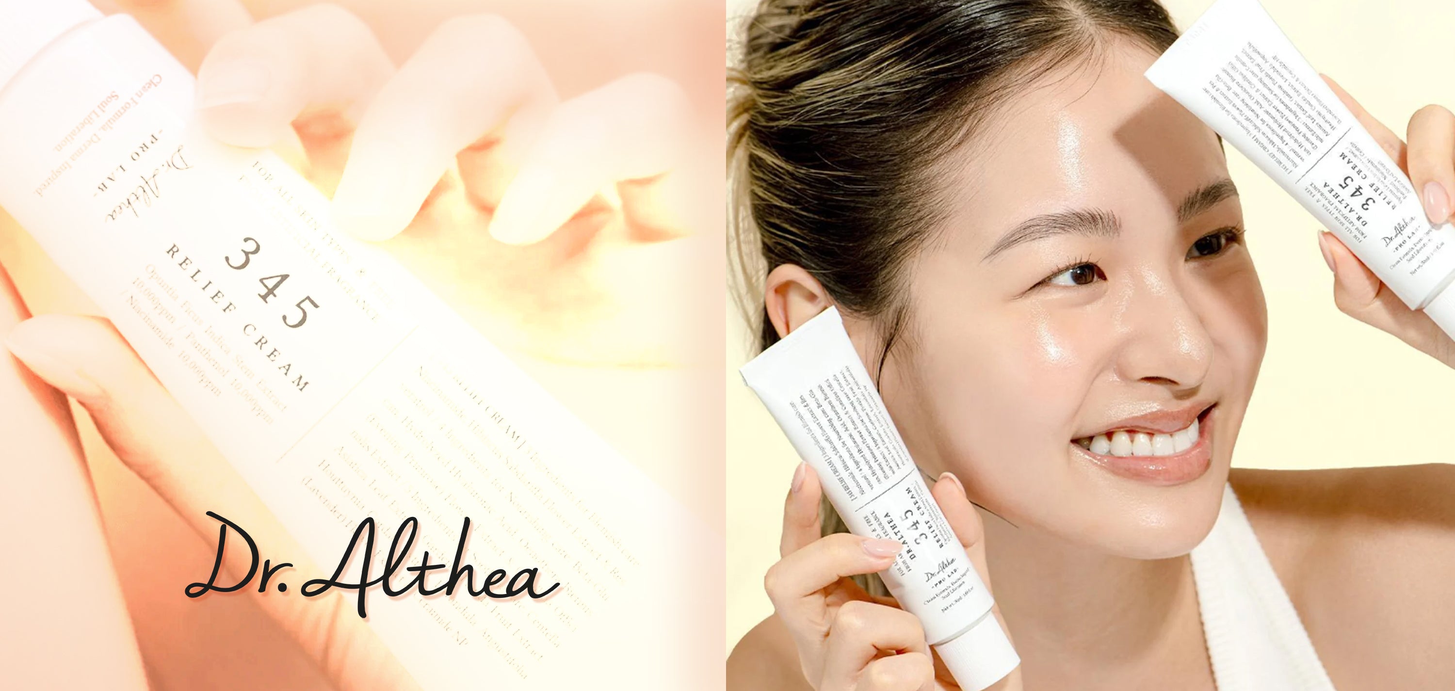 Woman applying skincare product with 'Dr. Althea' tube on a soft background
