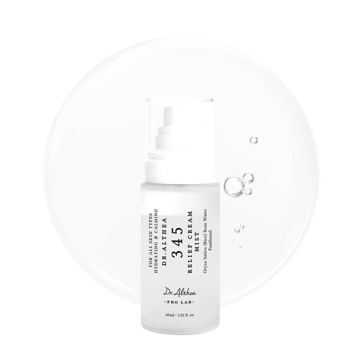 Dr. Althea 345 Relief Cream Mist 60mL bottle with refreshing mist for soothing sensitive skin.