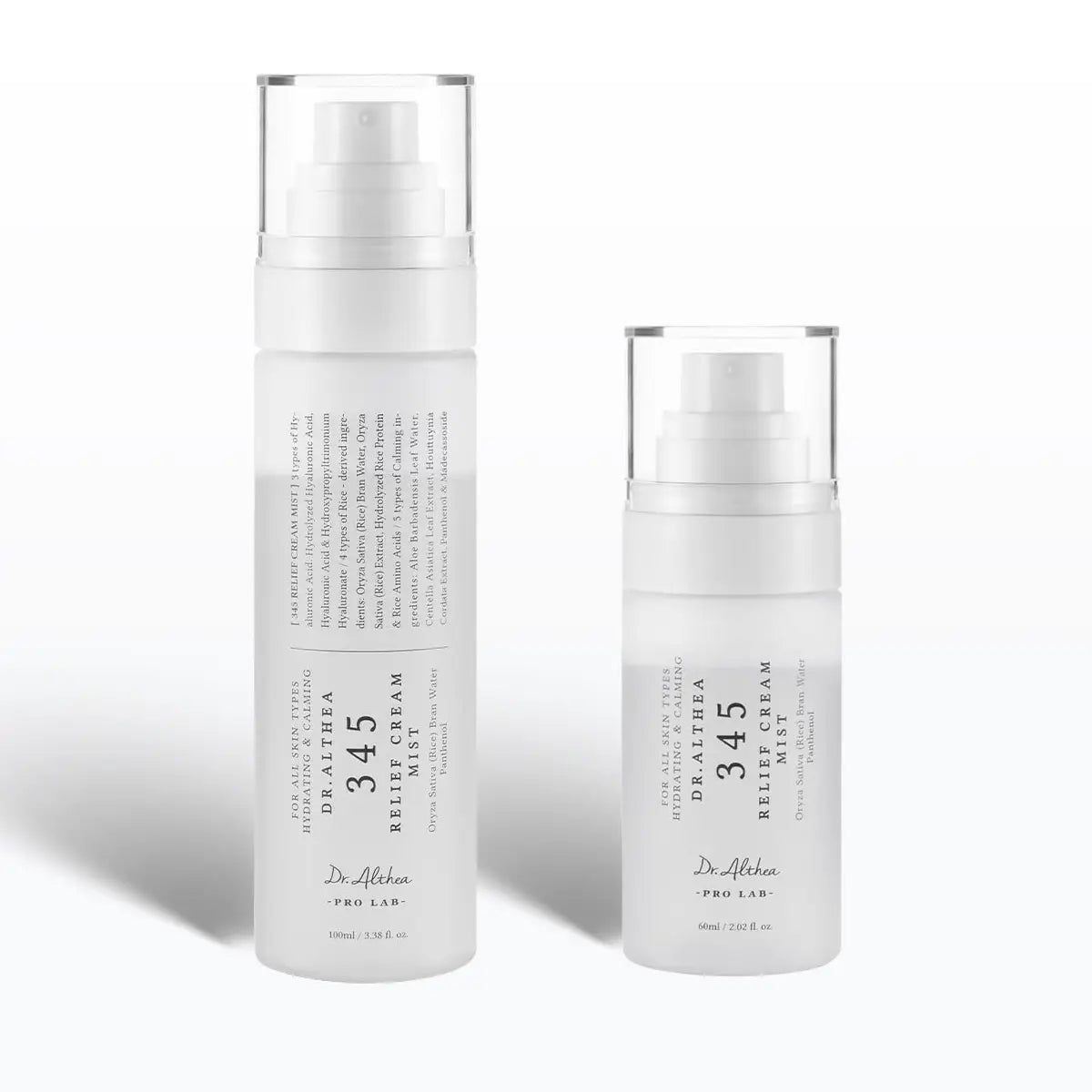 Two skincare bottles with labels on a white background