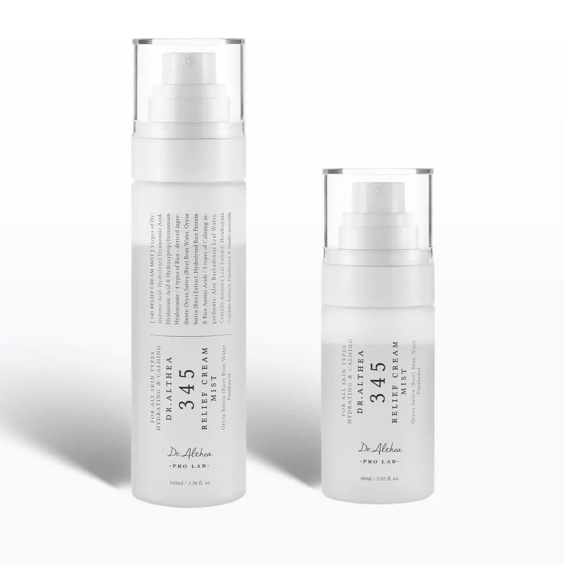 Two skincare bottles with labels on a white background