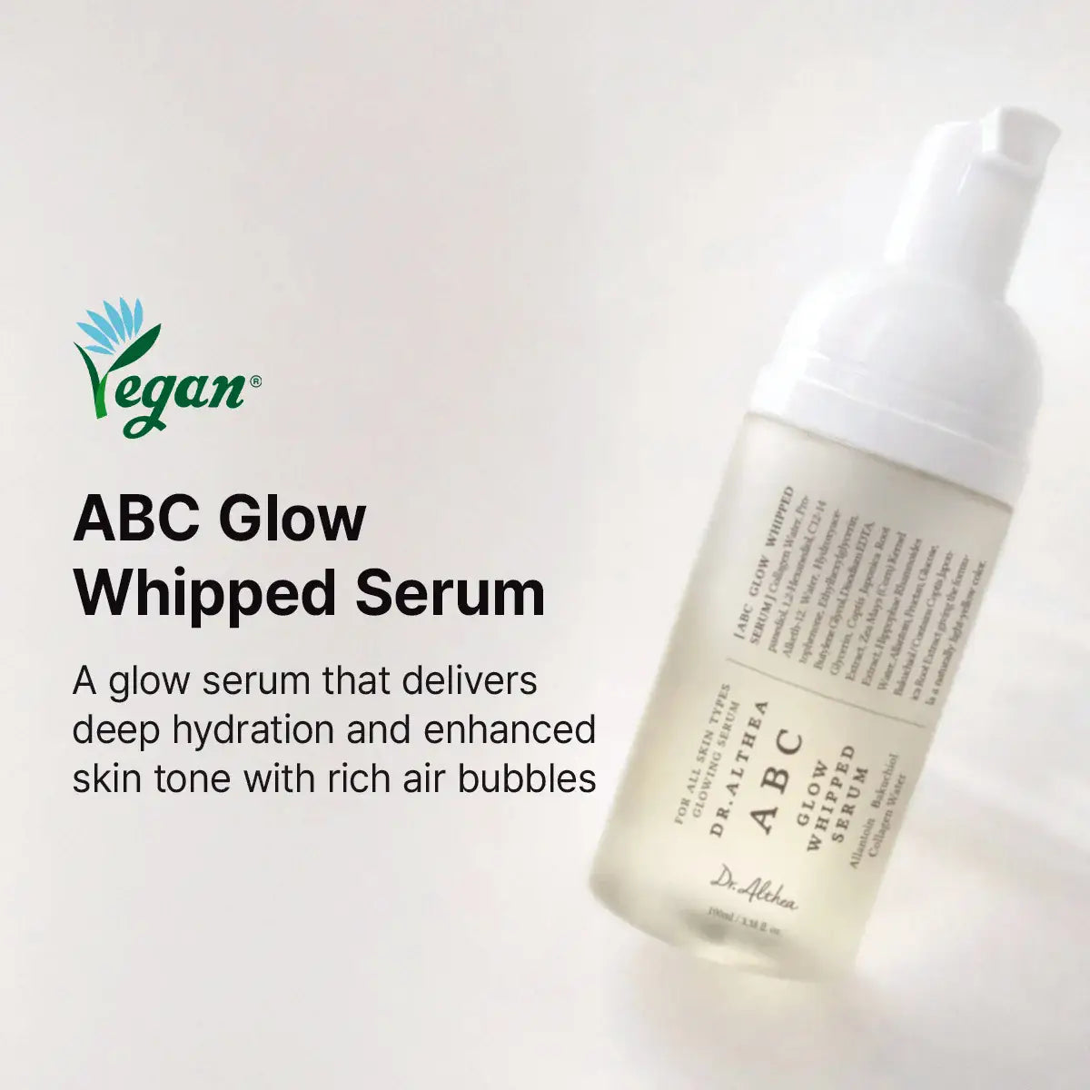 Dr. Althea ABC Glow Serum bottle showcasing its vegan formula and benefits for hydration and skin tone.