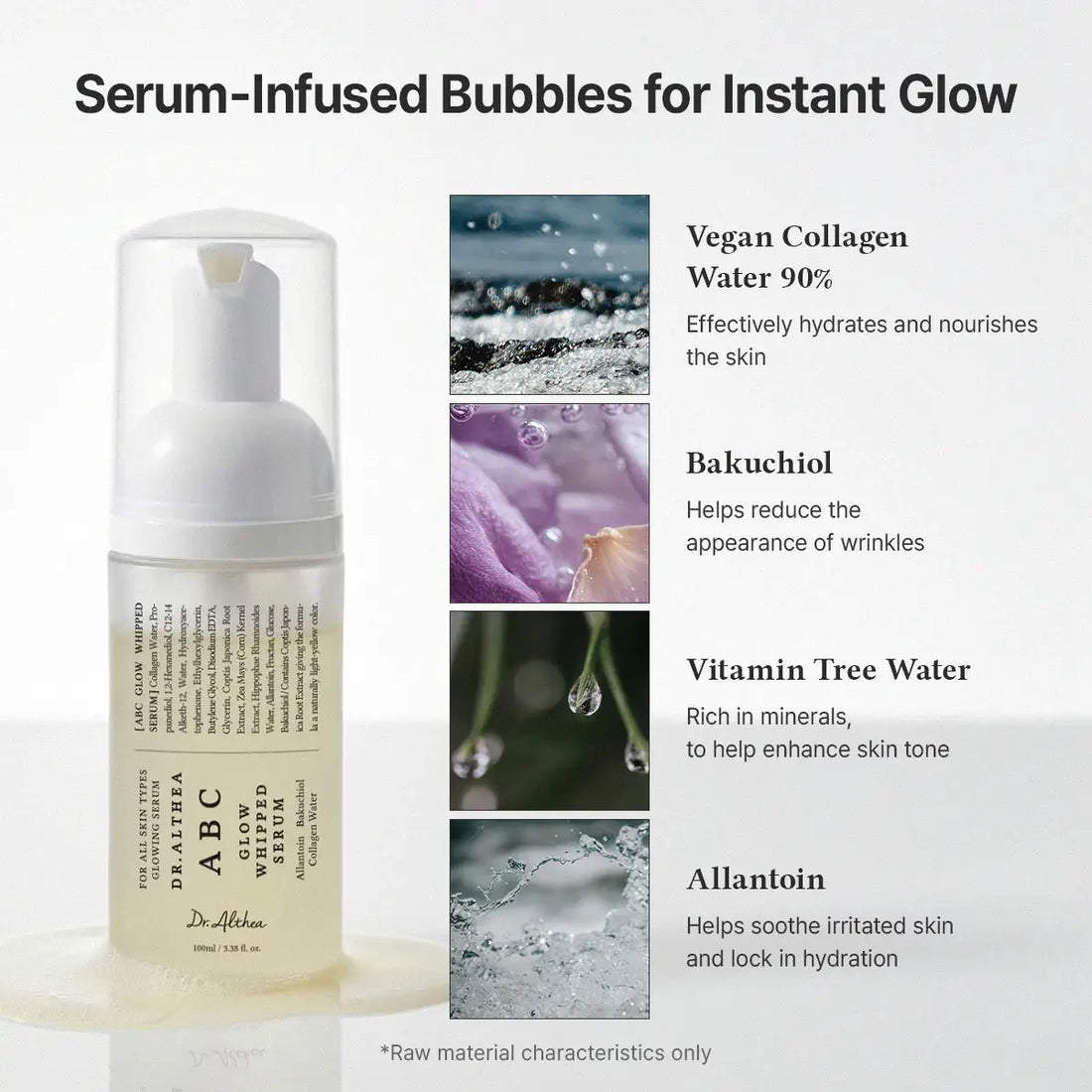 Dr. Althea ABC Glow Serum packaging featuring vegan collagen water, bakuchiol, vitamin tree water, and allantoin.