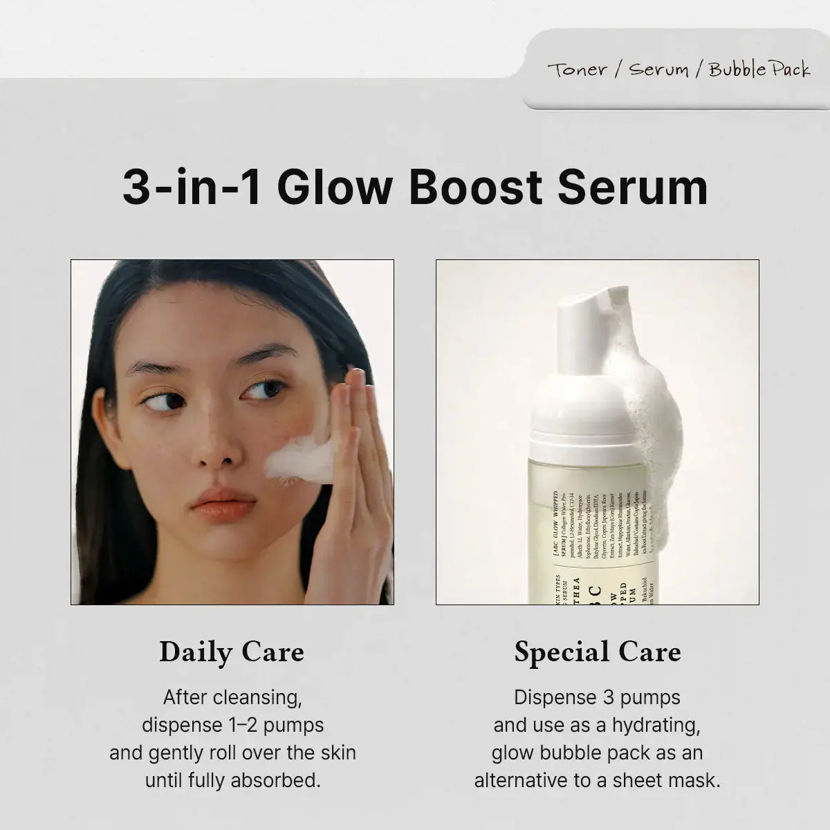 Dr. Althea ABC Glow Serum 3-in-1 Glow Boost Serum application instructions with a woman applying the product.
