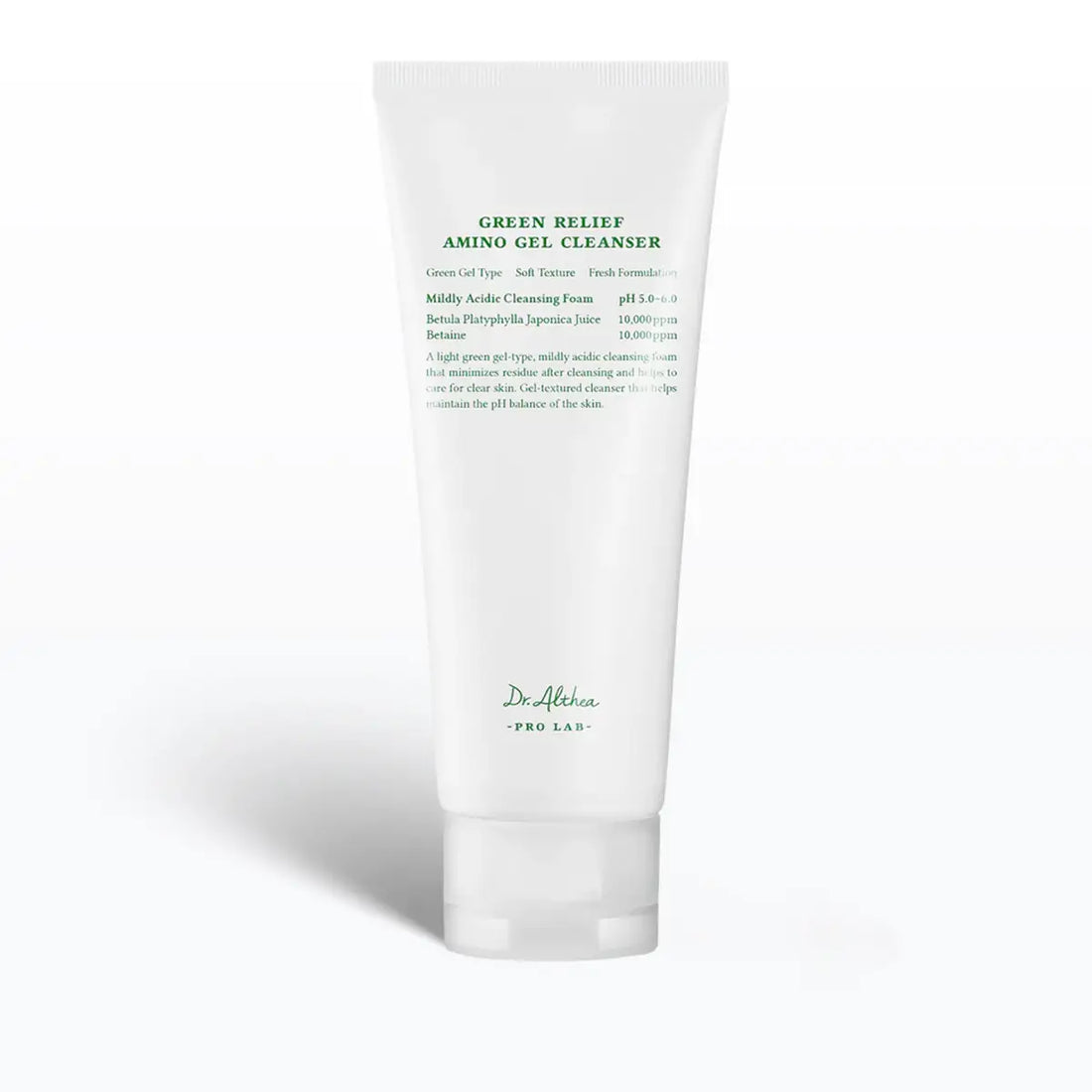 Tube of Green Relief Amino Gel Cleanser on a white background