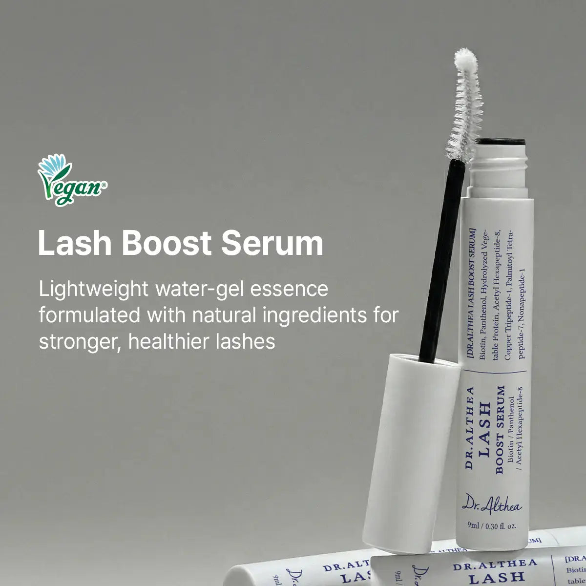 Dr. Althea Lash Boost Serum 9mL with applicator and text highlighting its benefits for healthier lashes.