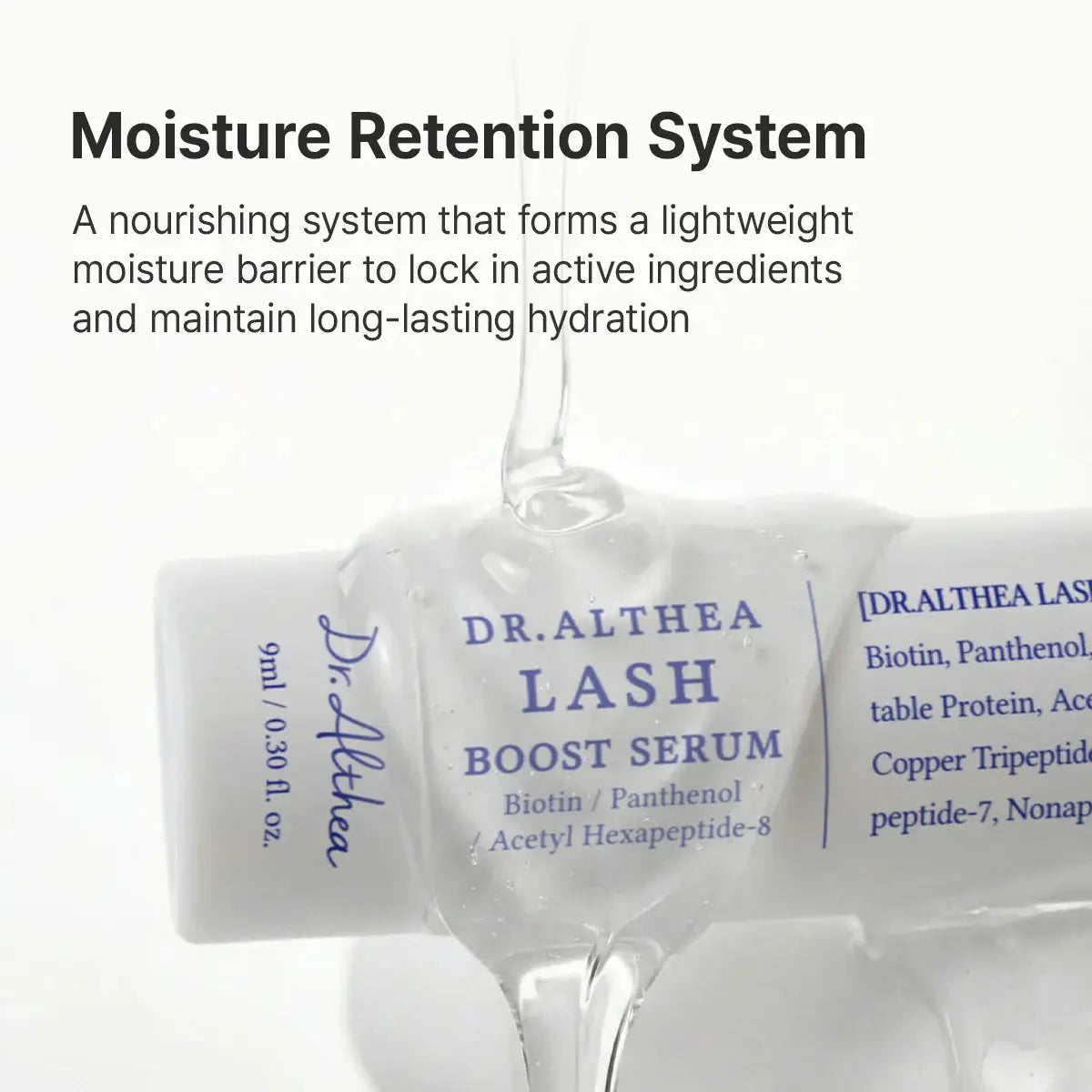 Dr. Althea Lash Boost Serum 9mL with moisture retention system for long-lasting hydration.