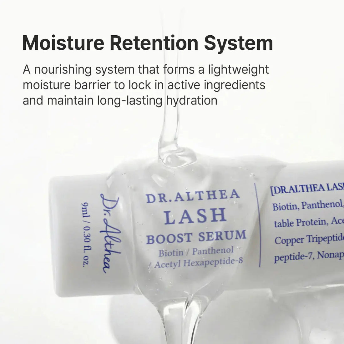 Dr. Althea Lash Boost Serum 9mL with moisture retention system for long-lasting hydration.