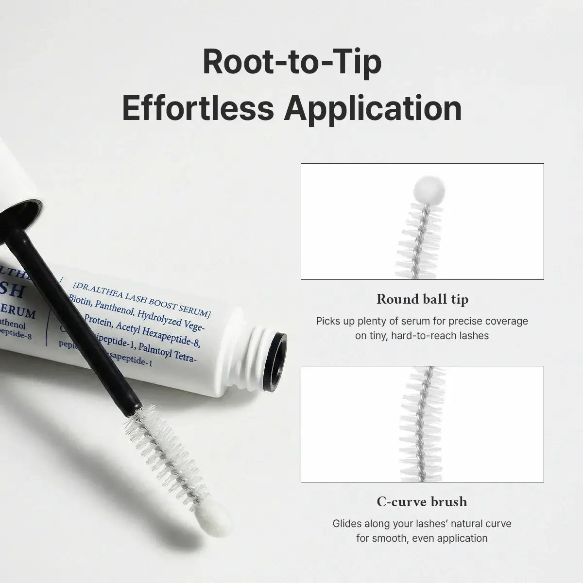 Dr. Althea Lash Boost Serum 9mL showing root-to-tip application features, including round ball tip and C-curve brush.