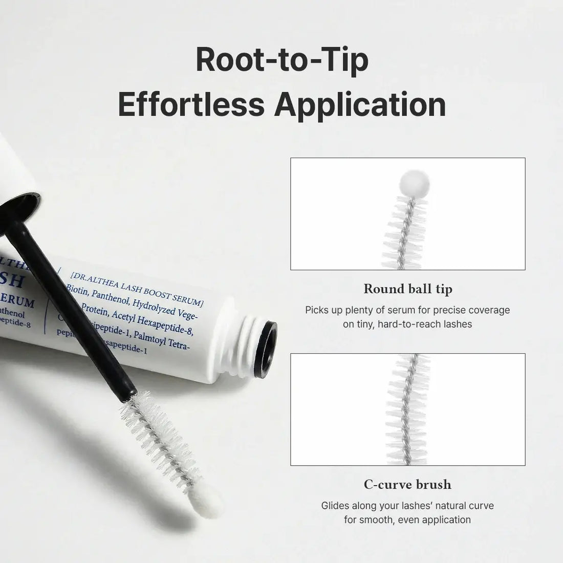 Dr. Althea Lash Boost Serum 9mL showing root-to-tip application features, including round ball tip and C-curve brush.