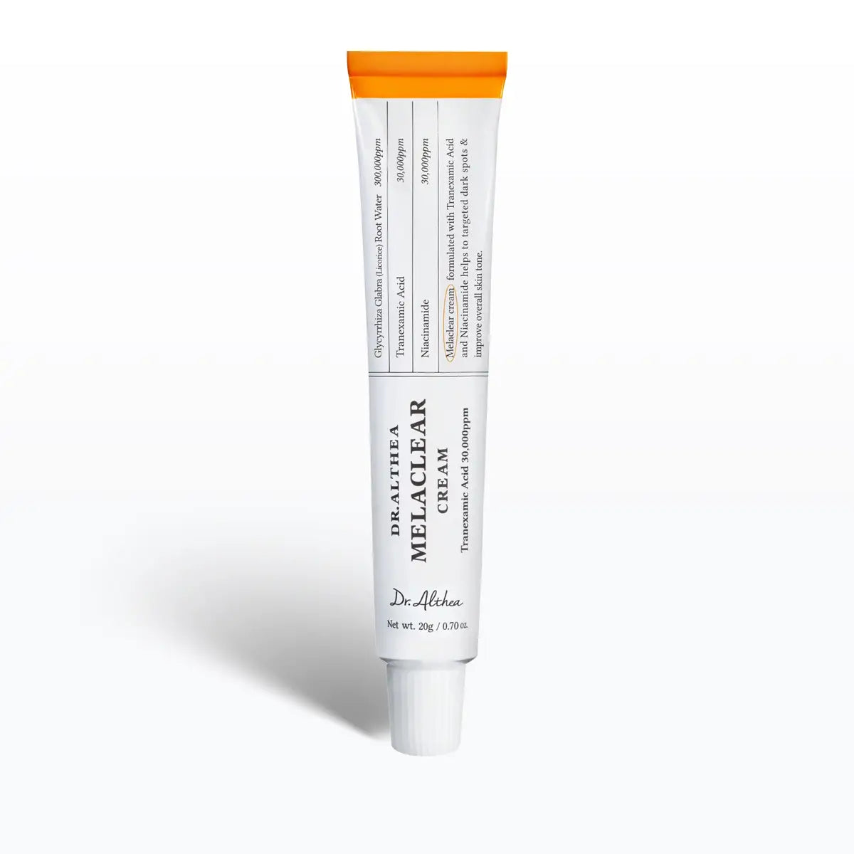 Dr. Althea Melaclear Cream 20g tube for targeting dark spots and brightening uneven skin tone.