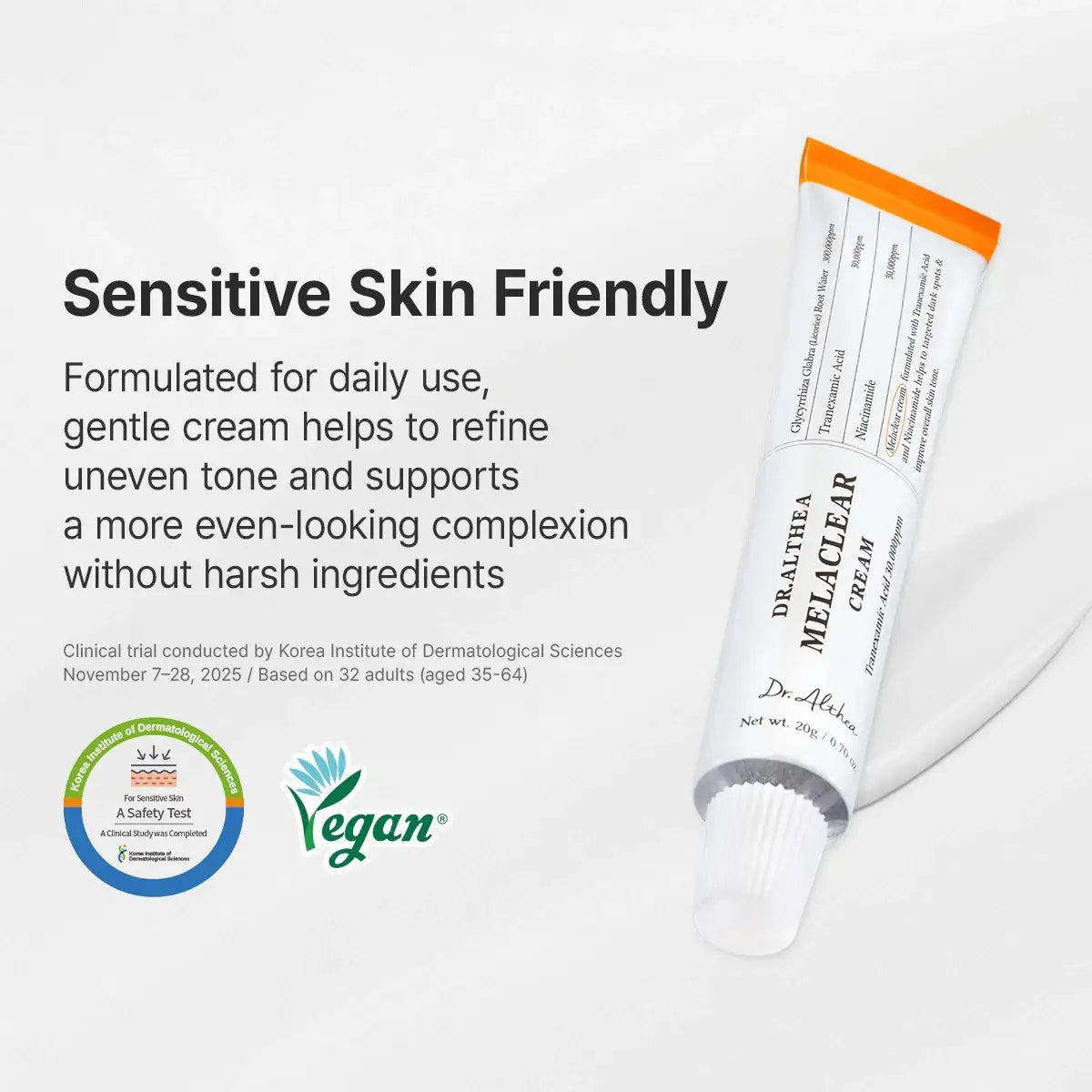 Dr. Althea Melaclear Cream tube with text about sensitive skin friendliness and vegan certification.