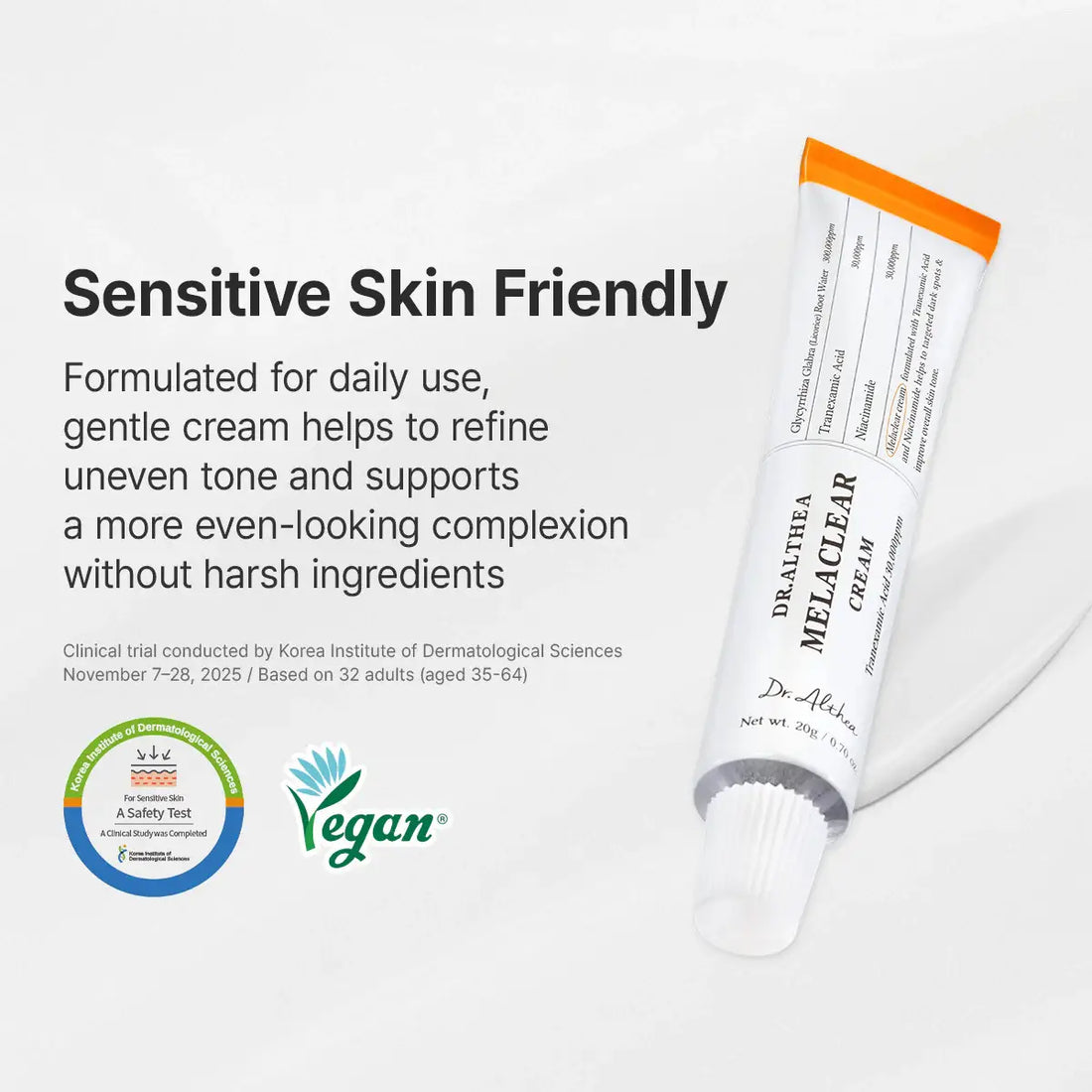 Dr. Althea Melaclear Cream tube with text about sensitive skin friendliness and vegan certification.