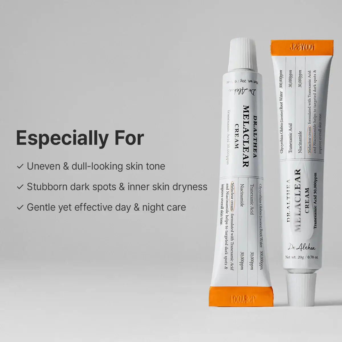 Dr. Althea Melaclear Cream 20g tube for uneven skin tone and stubborn dark spots treatment.