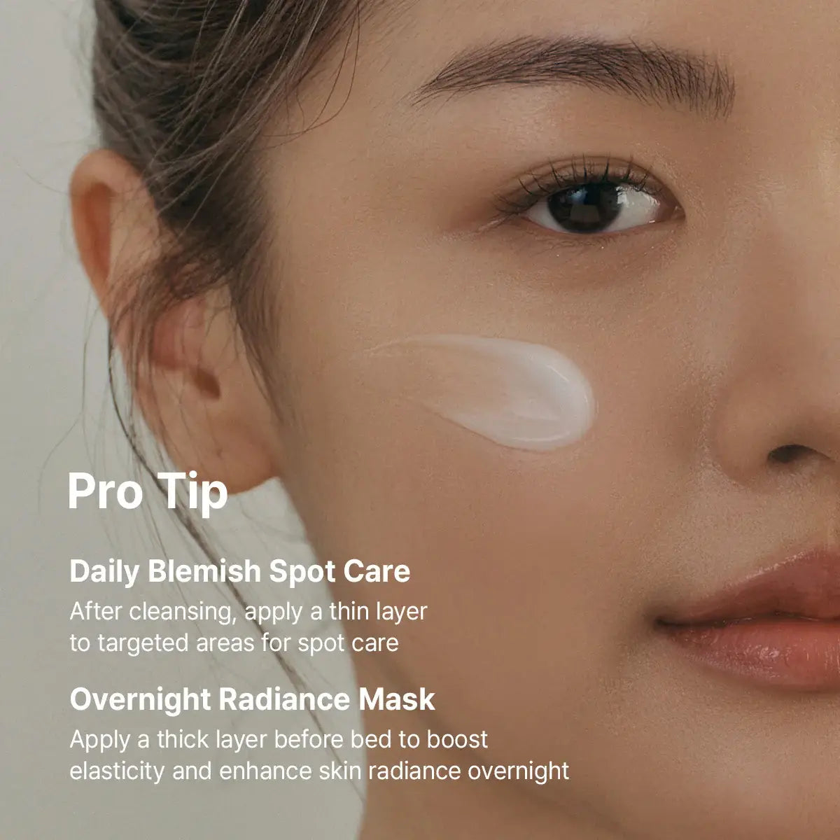 Dr. Althea Melaclear Cream applied on skin for daily blemish spot care and overnight radiance mask tips.
