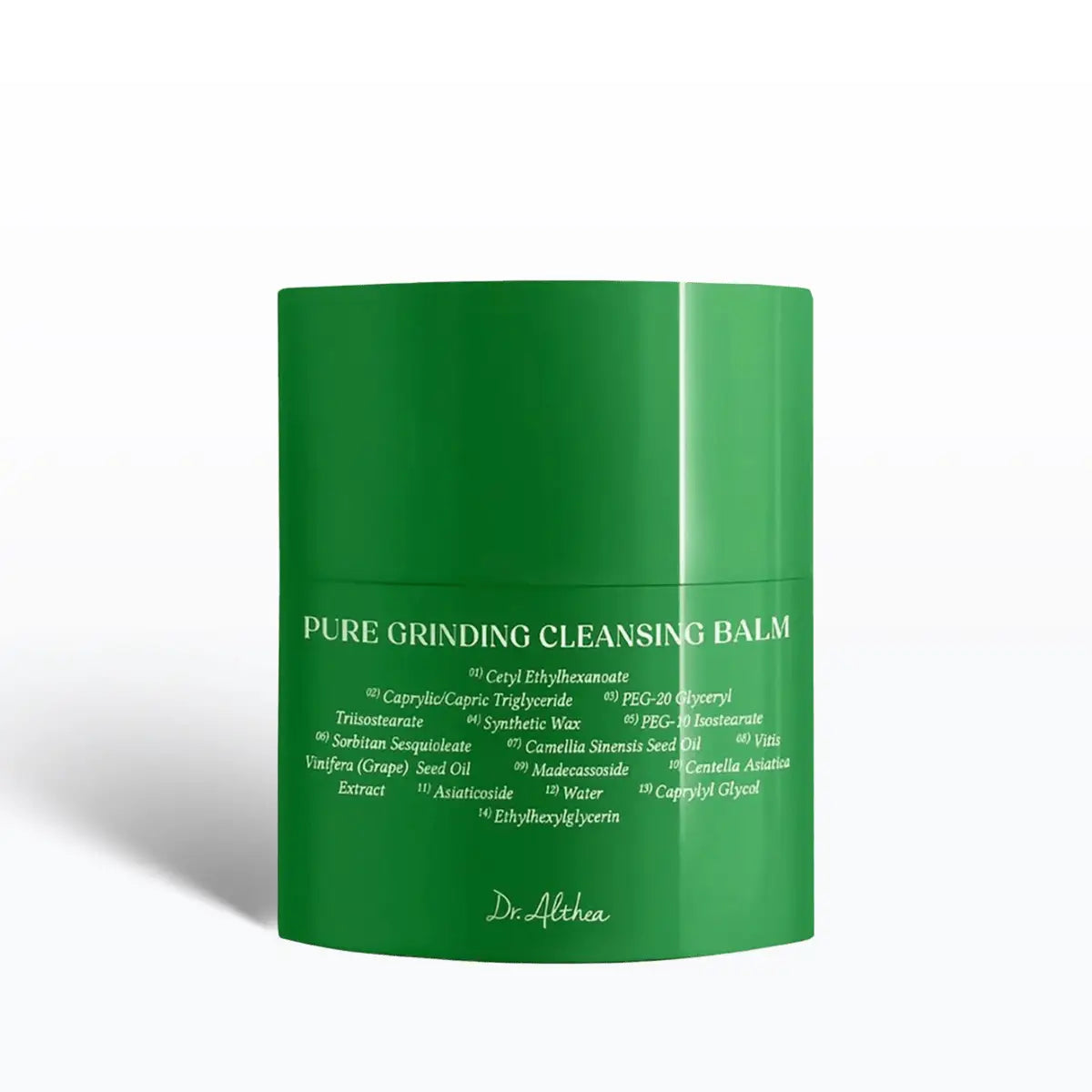 Green jar of Dr. Althea Pure Grinding Cleansing Balm on a white background