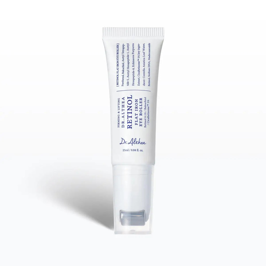 Dr. Althea Retinol Flat Iron Eye Roller 25mL packaging, highlighting targeted eye care and refreshing benefits.