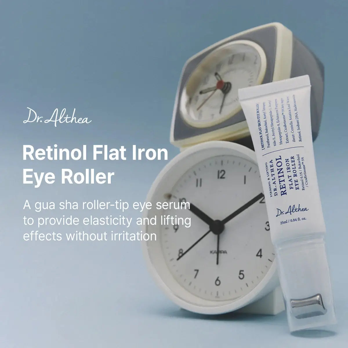 Dr. Althea Retinol Flat Iron Eye Roller 25mL with clocks in the background, showcasing its effective eye care benefits.