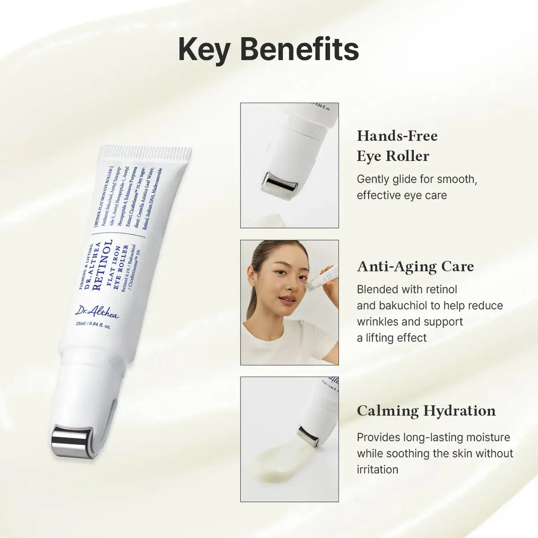 Dr. Althea Retinol Flat Iron Eye Roller 25mL showcasing key benefits: hands-free application, anti-aging, and calming hydration.