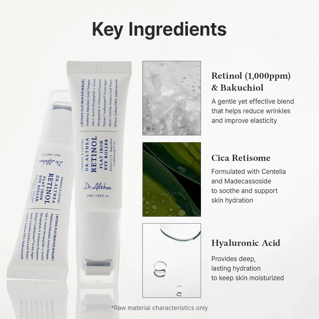 Key ingredients of Dr. Althea Retinol Flat Iron Eye Roller 25mL including retinol, Cica Retisome, and hyaluronic acid.
