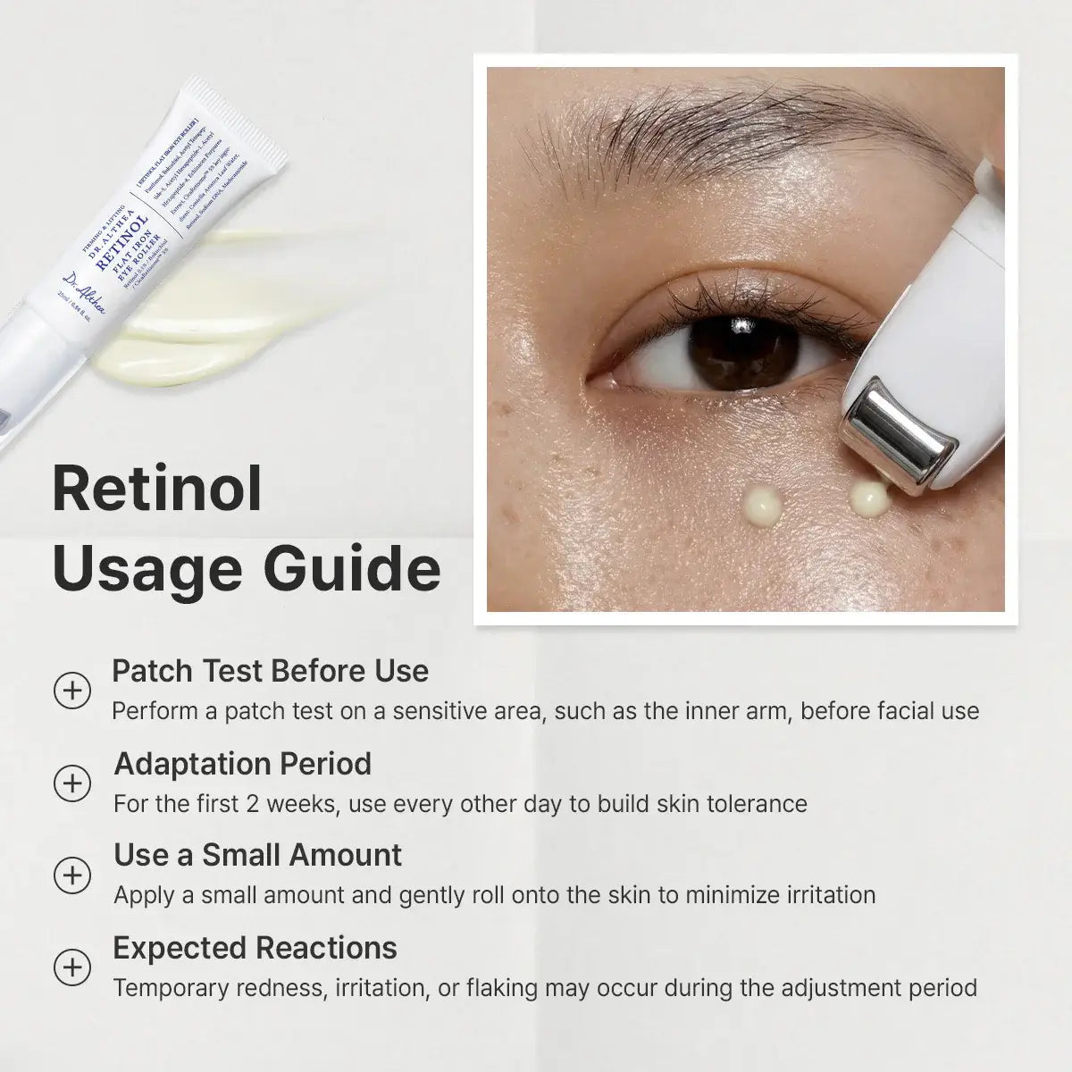 Dr. Althea Retinol Flat Iron Eye Roller 25mL usage guide with patch test and skin care tips.