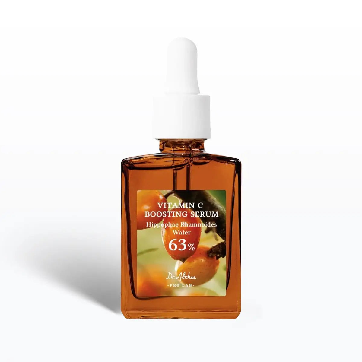 Vitamin C boosting serum bottle with dropper on a white background