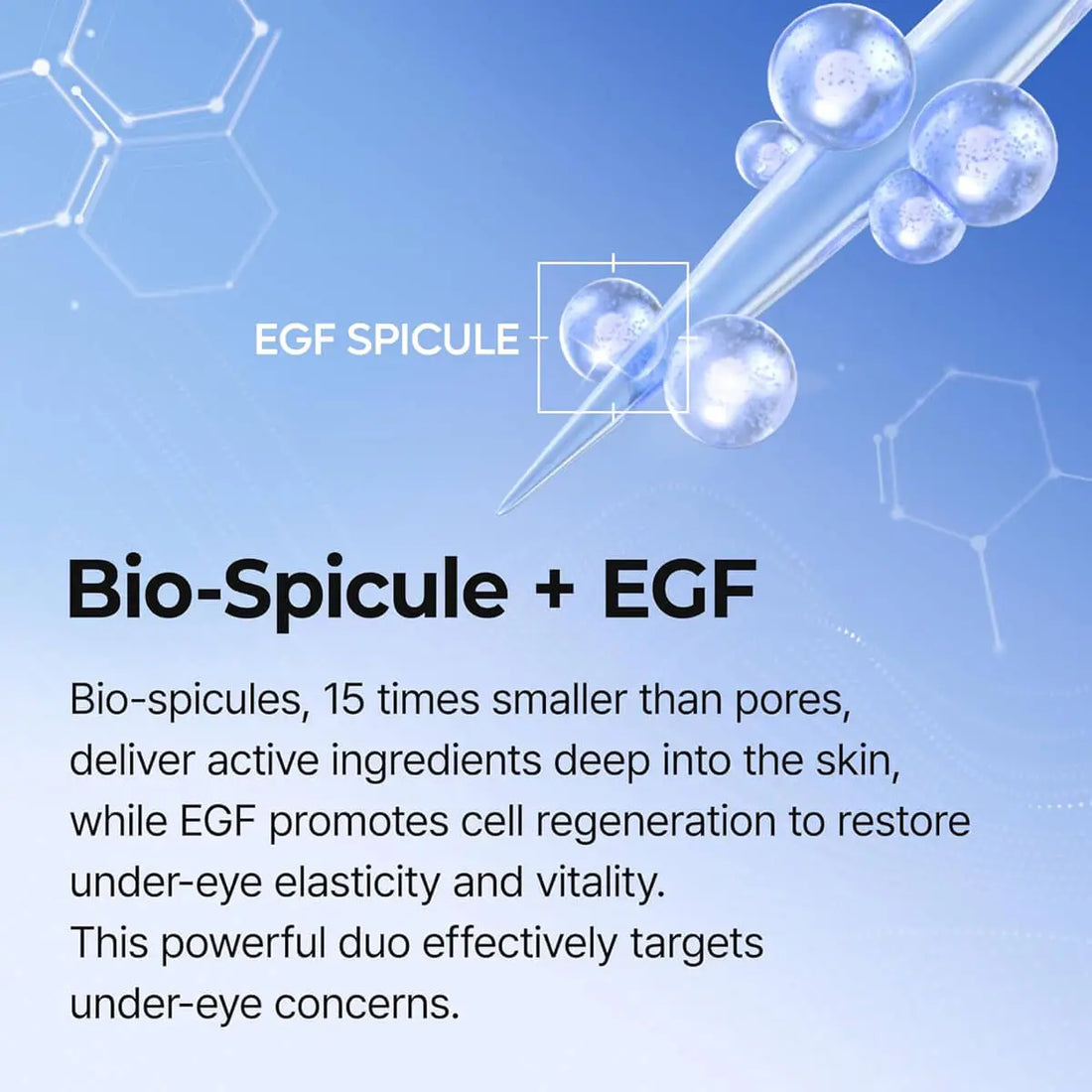 Advertisement for Bio-Spicule + EGF with text and molecular structure illustration on a blue background.