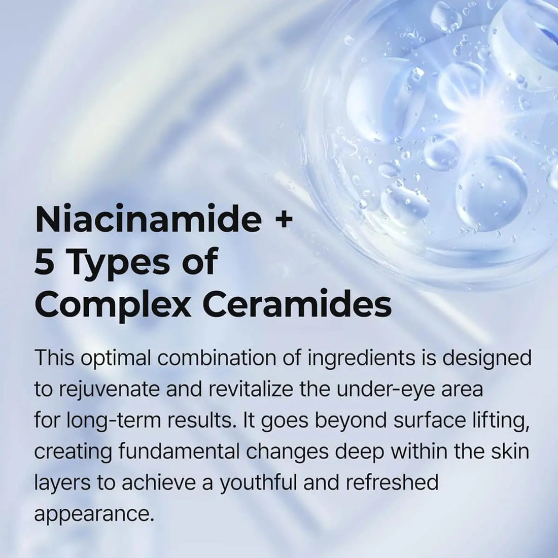 Text about niacinamide and complex ceramides for skin rejuvenation with a blurred skincare product background.