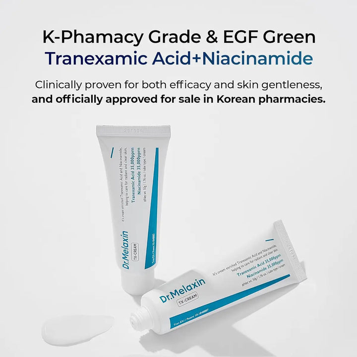 Dr. Melaxin TX Cream packaging with text about K-Pharmacy Grade & EGF Green Tranexamic Acid+Niacinamide on a white background.