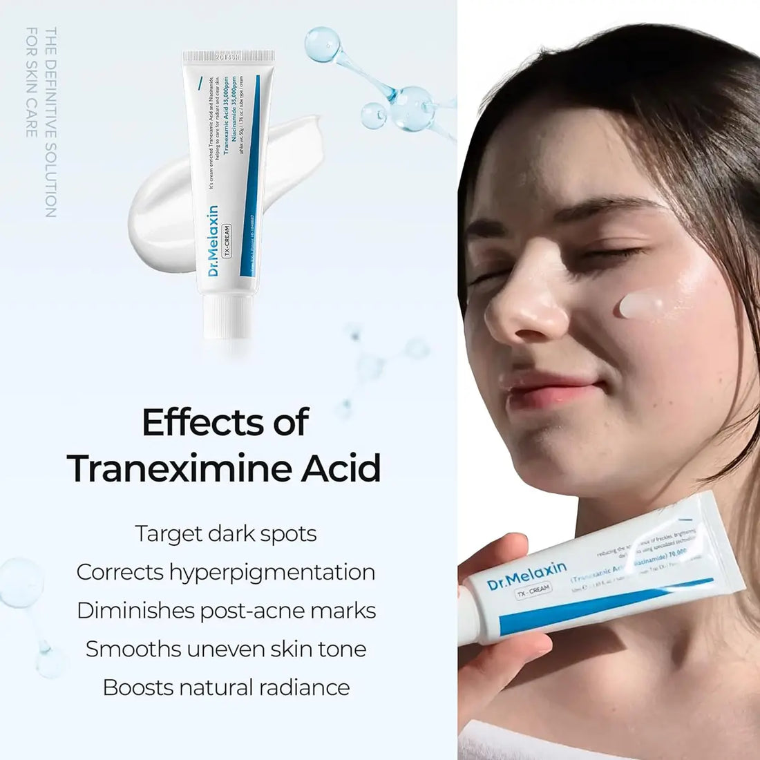 Dr. Melaxin tranexamic acid cream with a woman applying it on her face, set against a light blue background.