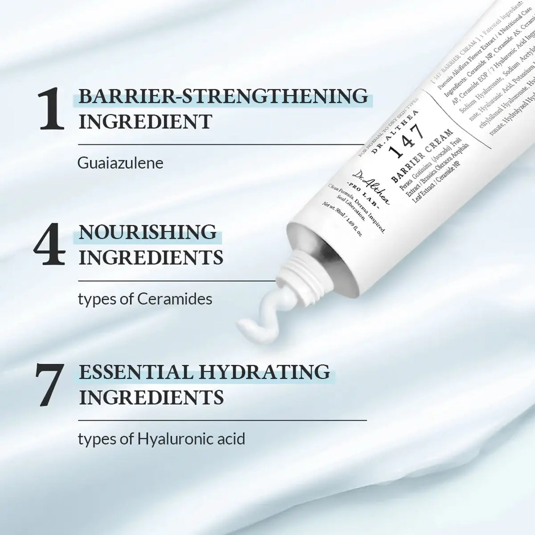 Tube of cream with text detailing ingredients on a light blue background