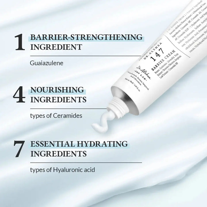 Tube of cream with text detailing ingredients on a light blue background