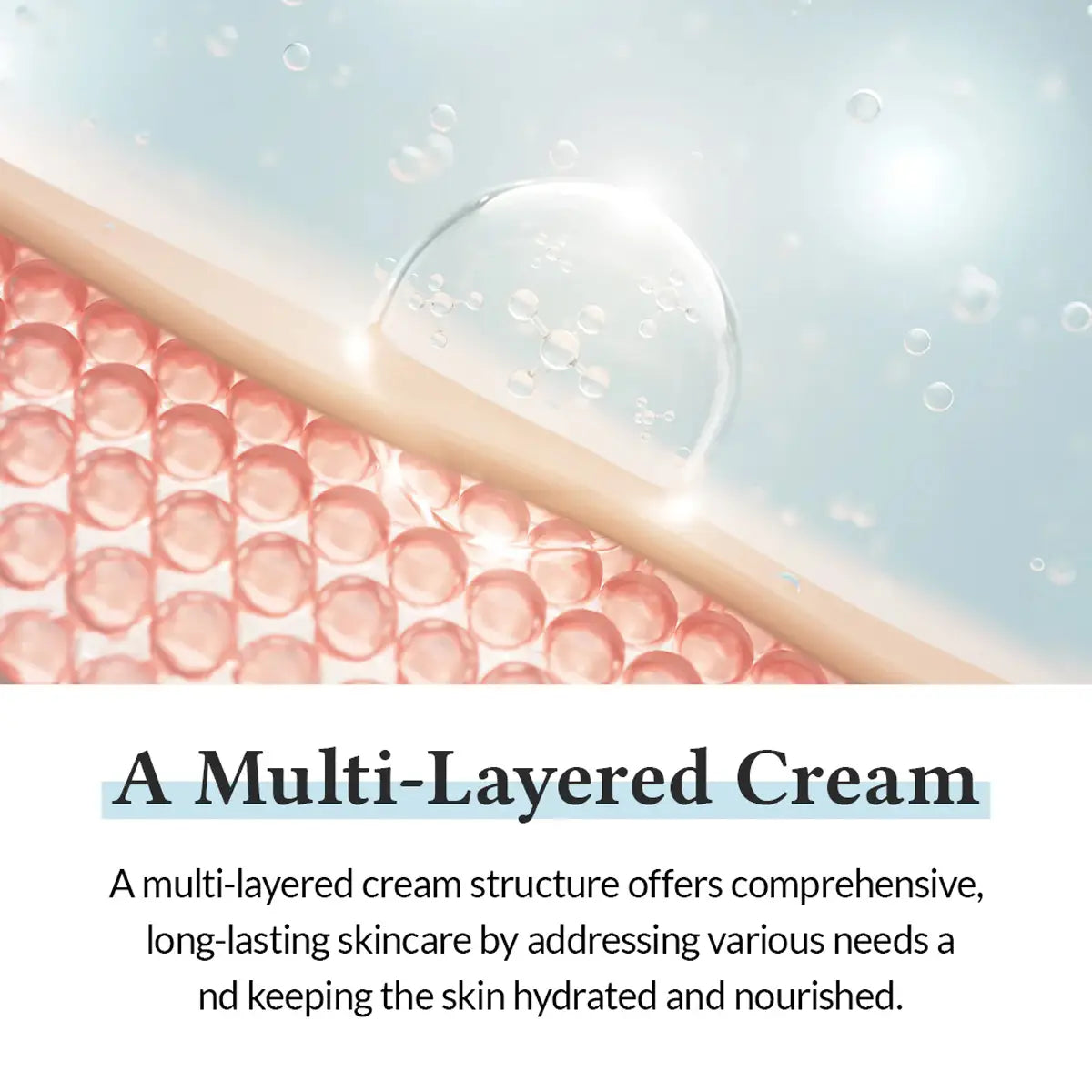 Illustration of a multi-layered cream with text explaining its benefits