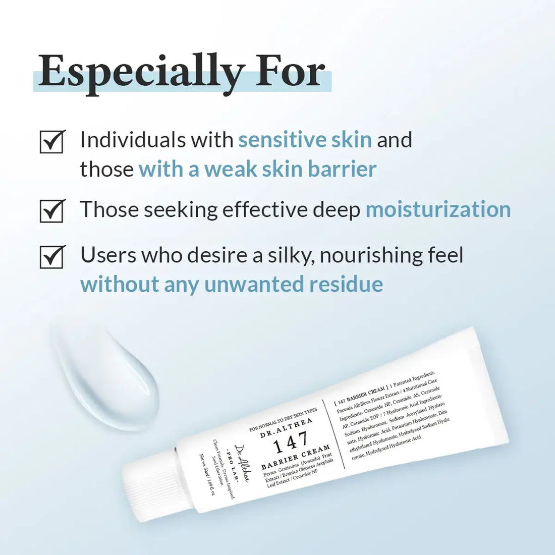 Barrier cream tube with text highlighting its benefits on a light blue background